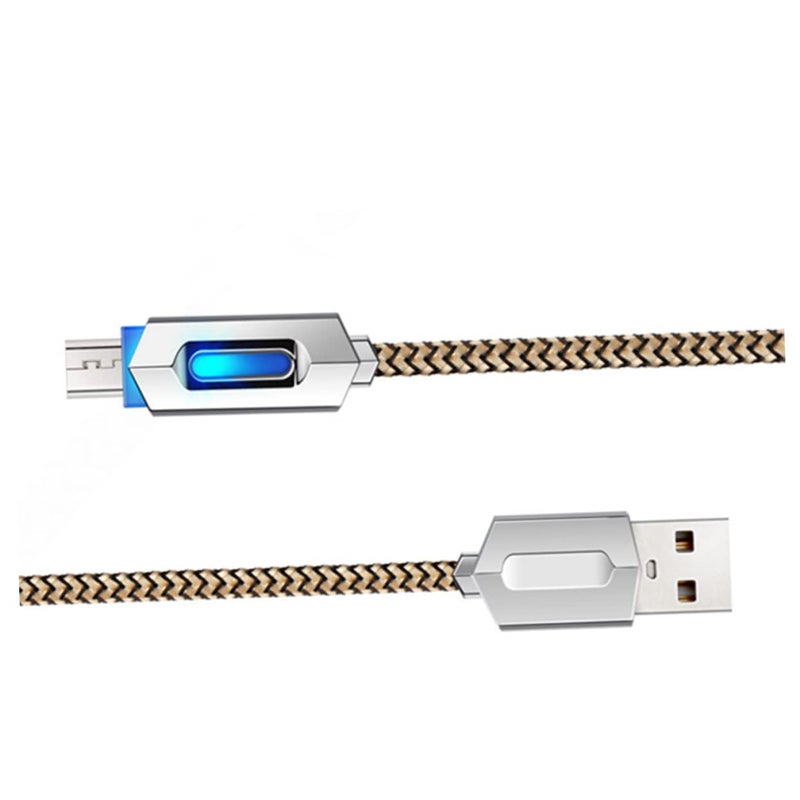 Gold Nylon Braided Micro USB Cable Fast Charging Data Sync With LED Light Indicator - Image 1